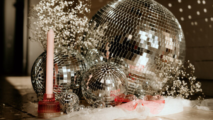 Discoballs with pink sunglasses ready for a new years eve party