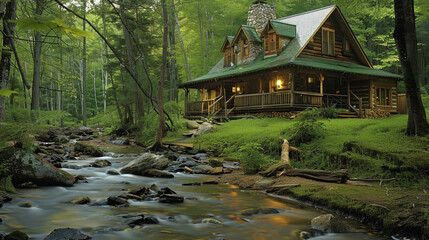 A rustic wooden cabin nestled by a babbling brook in the forest, featuring a charming green-roofed porch.