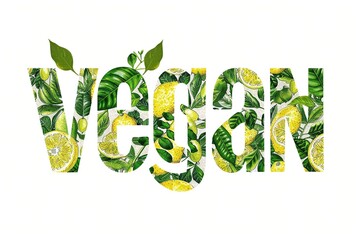 Naklejka premium Das Wort Vegan mit Zitronen und grünem Blätter Muster auf weißem Untergrund 
