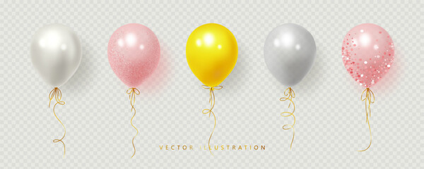 Realistic pink, white, yellow, and transparent grey balloons. Vector illustration © Ольга Гладій