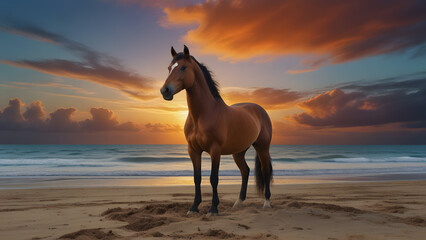 Brown Horse Majestically Standing on a Sandy Beach