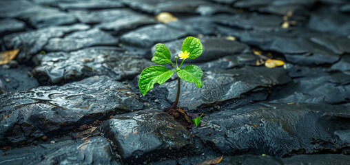 Resilient green plant sprouting through dark rocky surface signaling hope and growth - obrazy, fototapety, plakaty