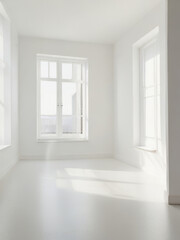 empty bright room with white walls, wooden floor, light from the window
