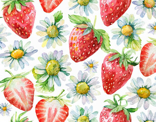 Seamless pattern with watercolor strawberry isolated on white background, JPG, Pattern JPG, Strawberries, Daisy, Camomile