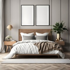 mockup frame in bedroom interior background 3d render.