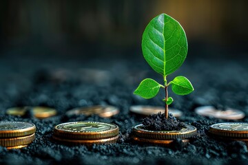Coins and young sprout - your growing income. The magic of compounding wealth, symbolized by a sprout rising from a pile of coins.