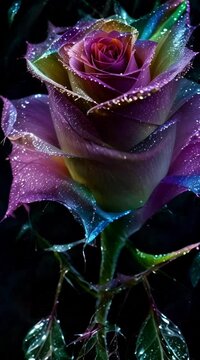 beautiful rainbow rose, dew drops on flower pedals, relaxing floral animation, the flow of nature, stunning flower