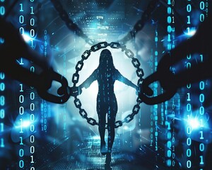 A silhouette breaking free from chains, with digital binary codes in the background, signifying liberation from online fraud, Protect Concept, futuristic background.