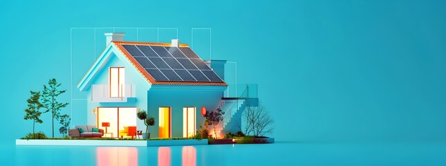 Modern eco-friendly house with solar panels on a clear day. Sustainable living concept illustration, digital rendering. Energy-efficient home design. AI