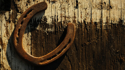 Old rusted horseshoe with rough wood rustic texture background, copy space for western industry.