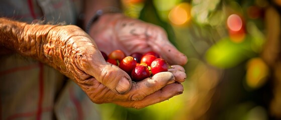 Coffee farmer picking ripe cherries in St Helena - obrazy, fototapety, plakaty