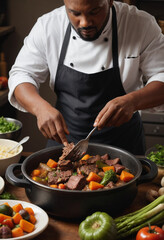 realistic photogrpah with soft lighting of a black chef preparing a stew, with vegetables and meat already prepperd around him. close up.