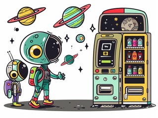 An alien misinterpreting Earth customs, trying to make friends with vending machines and statues.