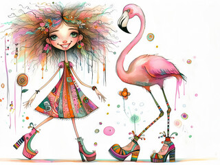 Girl walking with pet flamingo