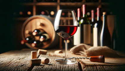 A glass of red wine on a rustic wooden table. The wine's rich color is set against the soft focus