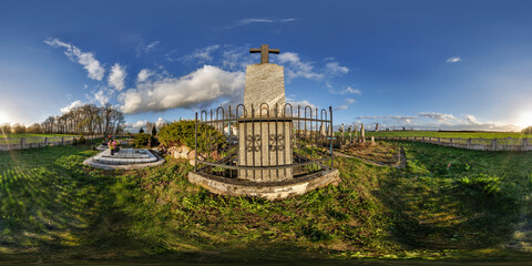 360 hdri evening panorama on old graveyard cemetery with gravestones and monuments at sunset in full equirectangular seamless spherical  projection with zenith, VR content - 783214767