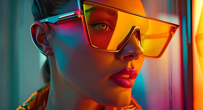 portrait of a beautiful young woman wearing yellow sunglasses