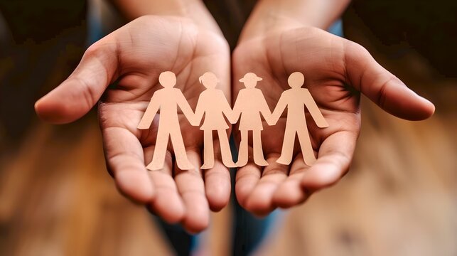 Conceptual image of unity and support with paper cut-out figures. Hands holding a chain of paper people symbolizing togetherness and teamwork. Perfect for social concepts. AI