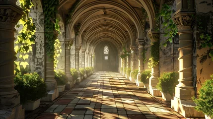 Fotobehang Cloister architectual, long hallway with pillars and green plants, medieval corridor abbey architectural column footpath © antkevyv