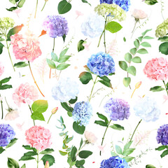 Summer garden greenery print with leaves and flowers. Spring colors hydrangea, hyacinth, tulips, rose and plants. Botanical pattern design. Seamless vector pattern. Simple backdrop on white background