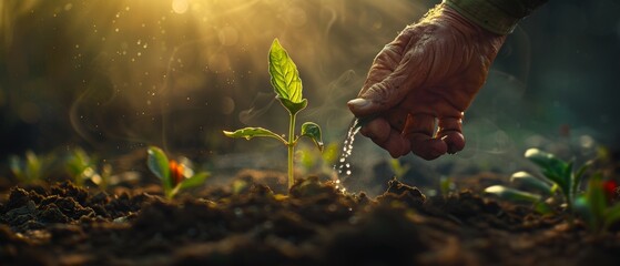 Hands of a farmer watering young plants