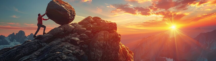Detailed image of a resilient spirit, person pushing a heavy boulder uphill, sunrise in the background.