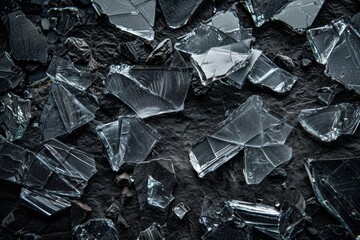 Abstract background with shiny pieces of broken transparent glass on dark surface as concept of fake crystals and gems - obrazy, fototapety, plakaty