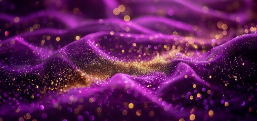 Elegant purple satin fabric with sparkling golden glitter under soft lighting