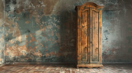 Armoire vintage, old wooden cabinet in abandoned room, backdrop dark grunge decor rustic