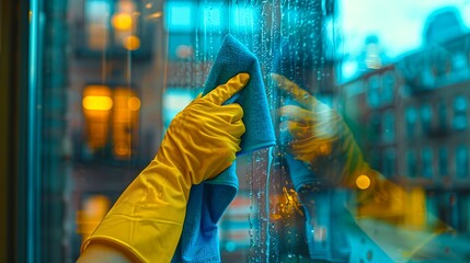 Hand in yellow glove cleaning a glass window. Urban backdrop. Daily chores made cheerful. Reflection of city life in the window. Image by AI.