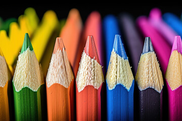 Assorted colorful pencils in row on black background with one standing out in middle - obrazy, fototapety, plakaty