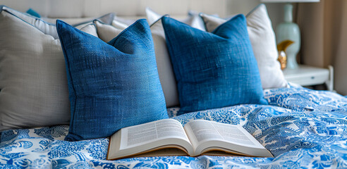 Calm blue bedroom setting with book on bed