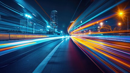 Fototapeta na wymiar Vibrant long exposure traffic light trails - A brilliant long exposure shot capturing vivid light trails created by moving traffic at night in a city