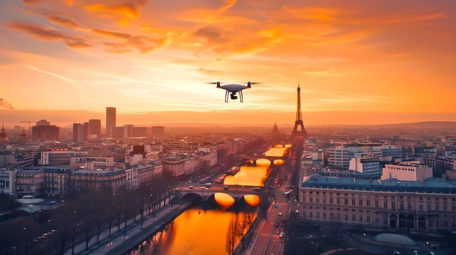 Stunning sunrise over a cityscape with a drone and iconic landmarks, capturing travel and technology. Perfect for postcards and backgrounds. AI