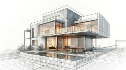 Architectural Sketch of a Modern Concrete House - An architectural concept sketch showing a modern stylish concrete house with glass elements