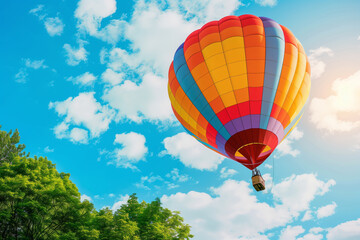 Obraz premium Colorful hot air balloon flying in the blue sky with clouds and a green tree background, concept for summer vacation or travel holiday trip
