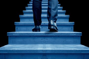 Ambitious businessman depicted in a metaphorical climb up the stairs of success, reaching for his goals