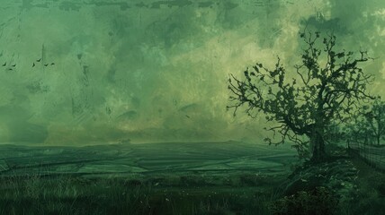 Eerie green landscape with a lone dead tree - An evocative image showing a lone, leafless tree against a backdrop of a vast green landscape and a dramatic sky - obrazy, fototapety, plakaty