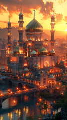 Naklejka premium Islamic mosque and minarets against a sunset sky.