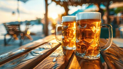 Bright beer mugs on a bar table at sunset - Golden beer mugs with froth on top placed on a wooden bar table against a warm sunset backdrop