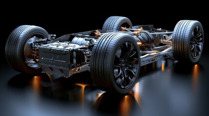 Cutaway view of Electric Vehicle Chassis with battery pack on black background. 3D rendering - obrazy, fototapety, plakaty