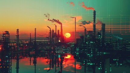 Industrial skyline with striking sunset reflection - Industrial skyline dominated by towering smokestacks, with vibrant sunset reflecting on the water - obrazy, fototapety, plakaty