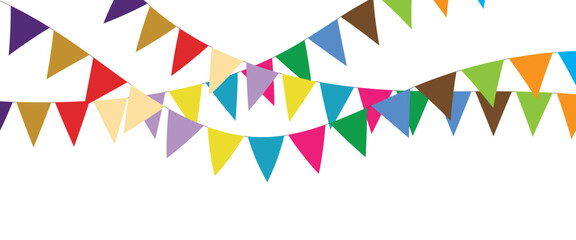  Triangular flag in a colorful celebration. colorful party 2D triangle flag on transparent background.  Illustration material: colorful triangle flag · Decorative colorful pennants for birthday party.