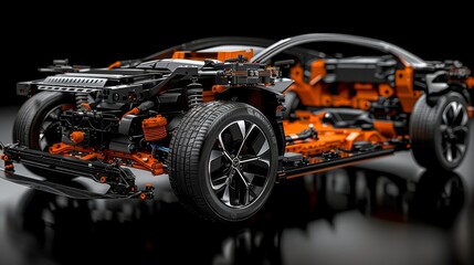 Cutaway view of Electric Vehicle Chassis with battery pack on black background. 3D rendering