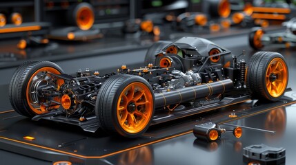 Cutaway view of Electric Vehicle Motor mounted on chassis. 3D rendering - obrazy, fototapety, plakaty