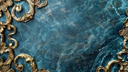 Elegant gold ornate frame on blue backdrop - Opulent gold detailing frames the edges of the image, contrasting beautifully against a rich, textured blue background, invoking a sense of luxury and gran
