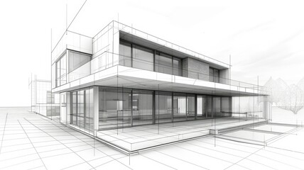 Minimalistic modern home design sketch - Sketch showing a minimalistic perspective of a modern home with simplistic lines on white background