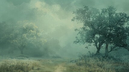 Misty forest path in ethereal morning light - This serene image captures a gentle morning with sunlight breaking through the fog, illuminating the forest and a meandering path - obrazy, fototapety, plakaty