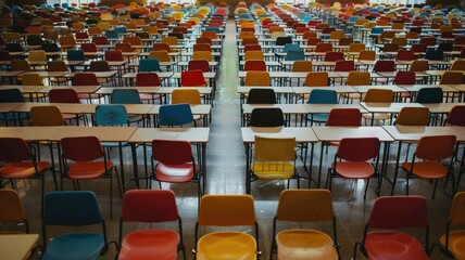 Colorful array of chairs and desks in a large hall - Vibrant, multicolored chairs and desks fill the frame, creating a pattern of education and uniformity