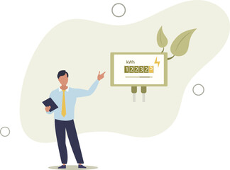 Character monitoring private electricity meter .flat vector illustration.Home energy efficiency audit concept.